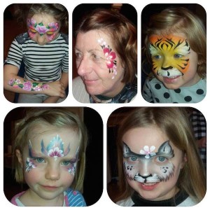 Different pictures of face painting; a tiger, butterfly, cat, flowers at Spellbound Parties
